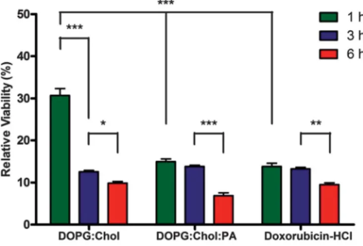 Fig. 3 Time response of MCF7 cells to 1, 3 and 6 h of 10 mM free or liposomal doxorubicin-HCl treatment