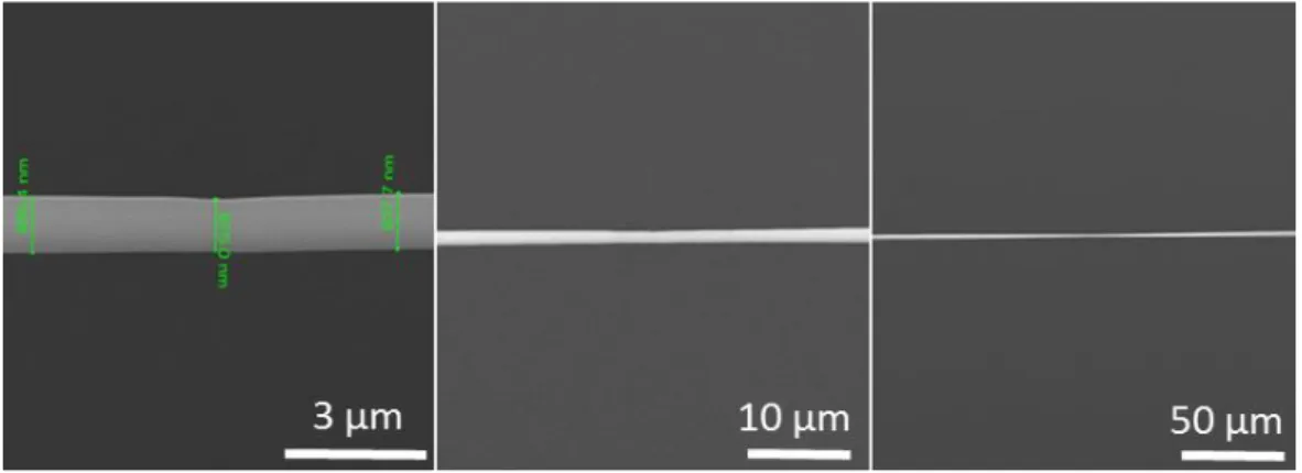 Figure 5.10: SEM images of a tapered fiber fabricated by the tapering setup. 