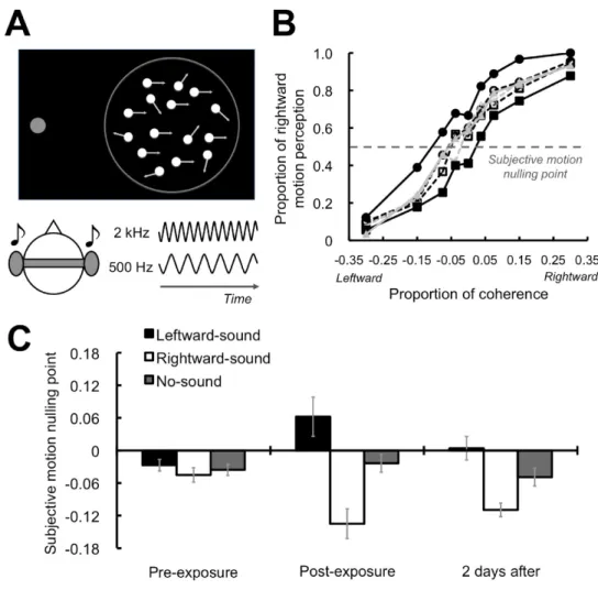 Figure 1.4: Sound-contingent visual motion aftereffects: experimental design and behavioral results from the study of Hidaka et al