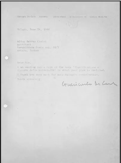 Figure 1.1: A letter written by Giancarlo De Carlo to Behruz Çinici in 1968. (Source: 