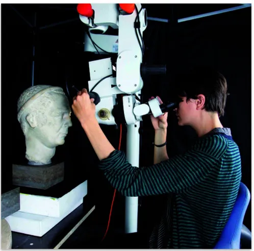 Figure 11: Conservator Maria Louise Sargent documents traces of color on a Greek marble 