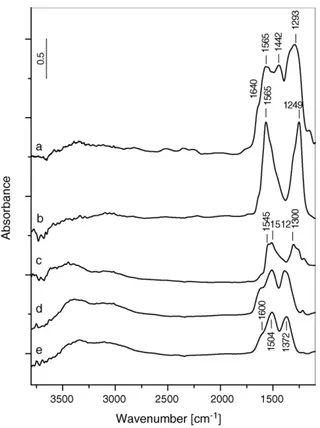 Fig. 8) together with the band at 1550 cm 1 are typical of formate species [15,22]. The former three bands are due to Fermi resonance between the n(CH)  funda-mental and combinations or overtones of bands in the carboxylate region