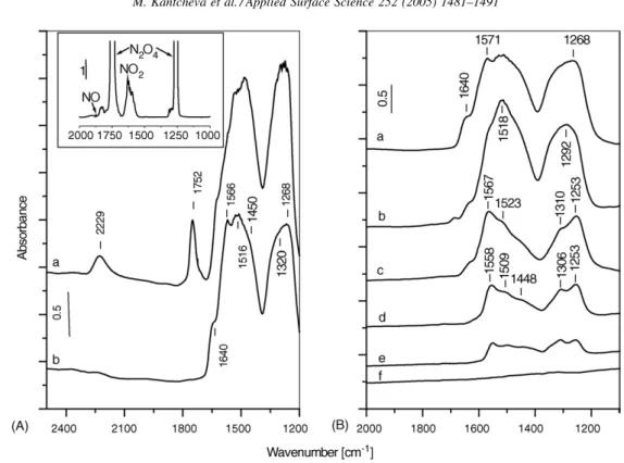 Fig. 7. (A) FT-IR spectra of adsorbed NO/O 2 mixture (90 Torr, NO:O 2 = 1: 2) at room temperature on the activated LaMn 11 O 19 sample (a) and after evacuation for 15 min at room temperature (b) The inset in panel A shows the gas phase spectrum detected in