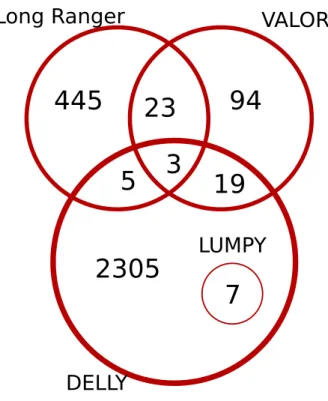 Figure 3.1: Comparison of the inversion predictions (&gt; 80 Kb) by VALOR 2 , Long Ranger, DELLY, and LUMPY in the NA12878 genome.