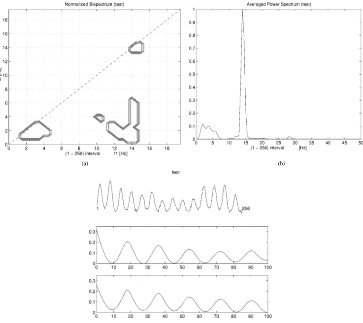 Fig. 11. For artificial data. (a) Contour plot of the normalized bispectrum; (b) averaged and normalized power spectrum