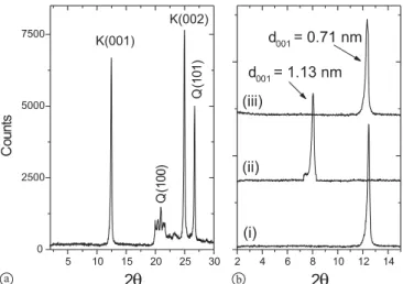 Fig. 1. XRPD diagrams of: (a) natural kaolinite, (b) the d 001 reflection in (i) natural kaolinite, (ii) DMSO-intercalated kaolinite, (iii) Sr sorbed (DMSO-intercalated) kaolinite