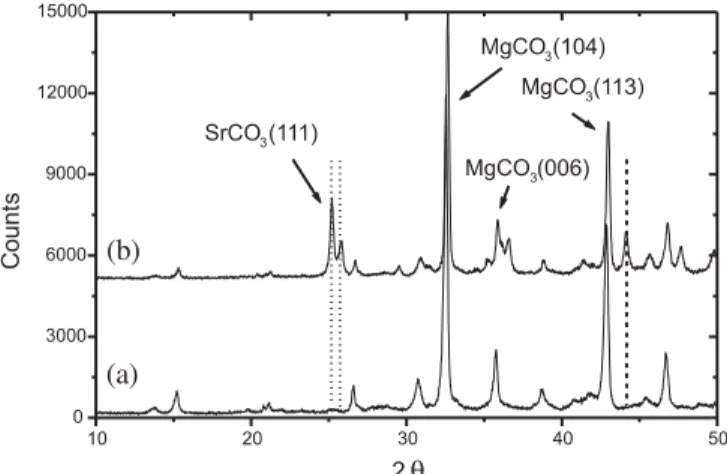 Fig. 9. XRPD diagram of: (a) pure MgCO 3 , (b) Sr-sorbed MgCO 3 .