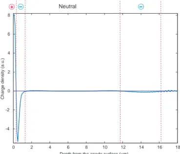 Fig. 3. Charge density of poled sample # 4, inferred by differentiating the recovered d 33 (z) profile 