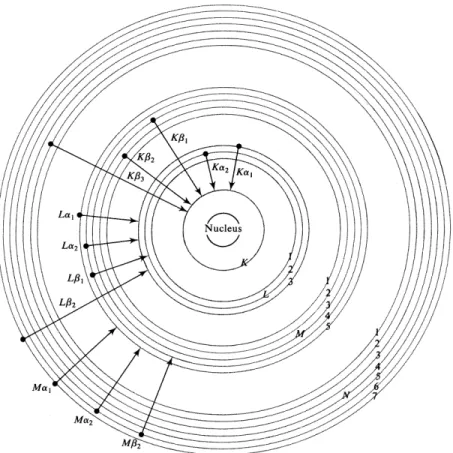 Figure 2.2: Various energy levels of electrons and their transitions that produce X-rays in  an atom