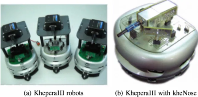 Fig. 2.  KheperaIII robots equipped with kheNose sensing system and 3DM  GX2  Microstrain  IMO