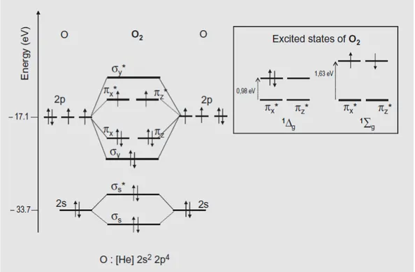 Figure  6. Molecular orbital diagram of molecular dioxygen with its ground and  excited states 65 