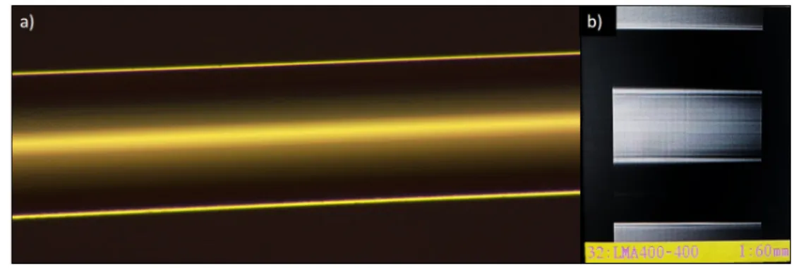 Figure 3.8: a) Optical microscope image, b) splicer image of successful integration of 20/400 µm splicing.