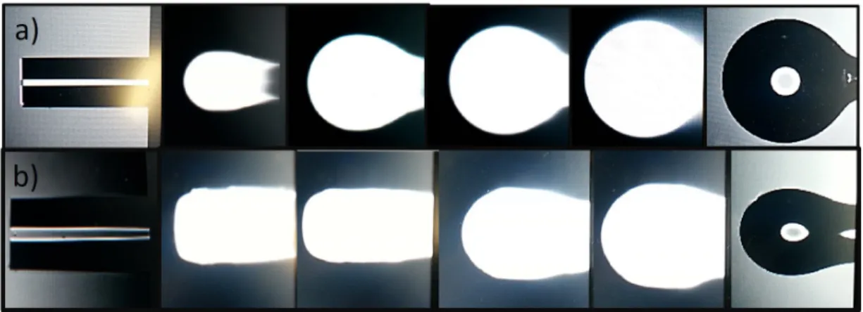Figure 3.21: a) 1000 µm ball lens shaping images under continuous CO 2 lasing of 400 µm fiber, b) 750 µm ball lens shaping images under continuous CO 2 lasing 400 µm fiber.