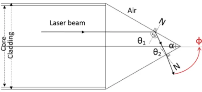 Fig. 1   Ray tracing paths for the conical shaped fiber deflector