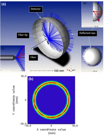 Fig. 2   Numerical simulation results. a Light deflection from the fiber  deflector (i), Y–Z plane image of the setup (ii) and X–Z plane image  of the setup (iii) and b the image of the light deflection from conical  shaped fiber deflector on semi-spherica