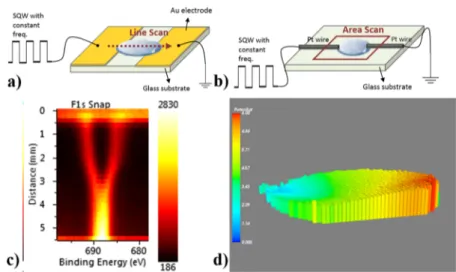 Figure 1. Schematic representation of the fabricated device with the planar Au electrodes (a) and F 1s line scan measured (c)