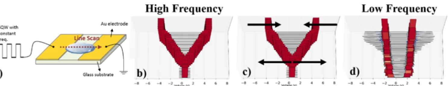 Figure 6. Response of the ionic liquid to an 8 V p−p SQW at varying frequencies (a) measured by XPS for a device with two planar Au contacts, (b) simulated by the coarse-grained electrostatic model for an elevated planar contact (shaded regions show the el