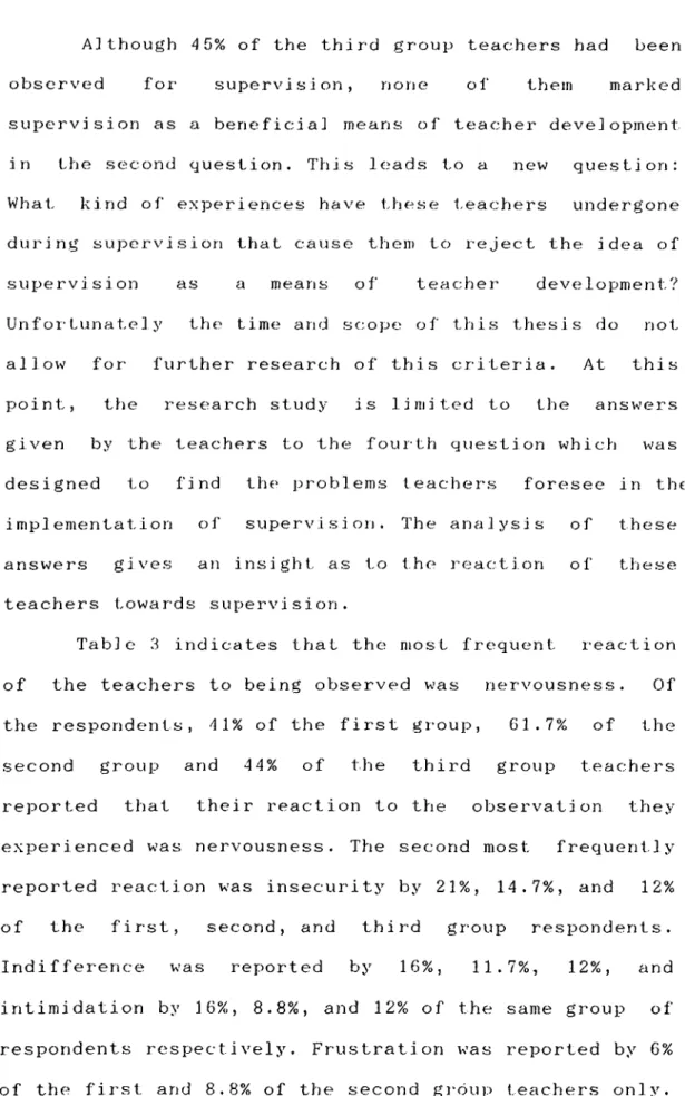Table  3  indicates  that  the  most  frequent  reaction  of  the  teachers  to  being  observed  was  nervousnc^ss 
