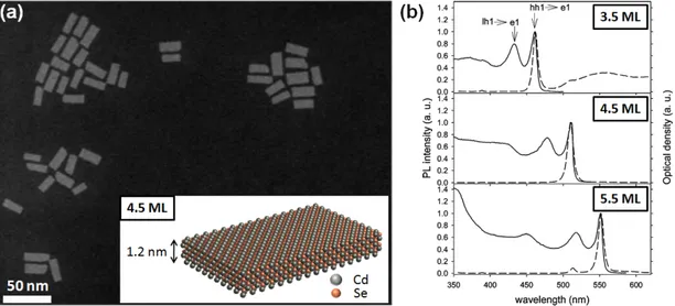 Figure 2.6: (a) Transmission electron micrographs of 4.5 monolayer thick CdSe CQWs taken by our group