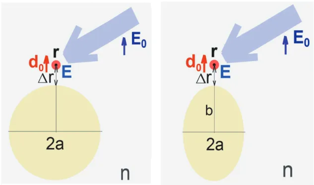 Fig. 1: Displacement of an emitter and a nanobody used in calculations. Arrows indicate orien- orien-tation of an emitter dipole moment d 0  and the incident radiation polarization, Δr is the distance  between the metal nanobody surface and the emitter