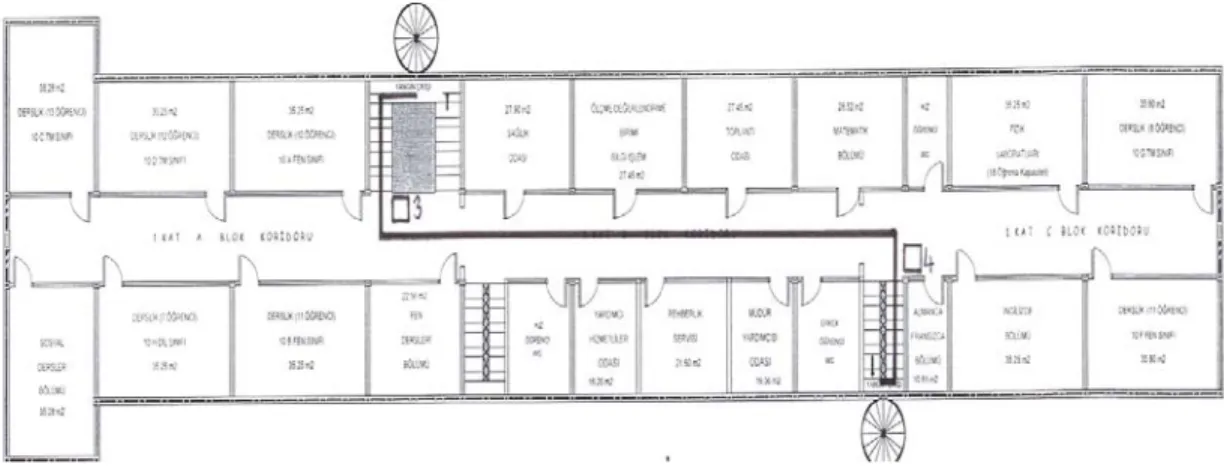 Figure 4.3. 1 st  Floor Plan of the high school building with selected route 