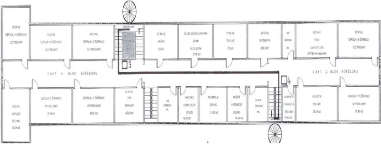 Figure 4.3. 1 st  Floor Plan of the high school building with selected route 