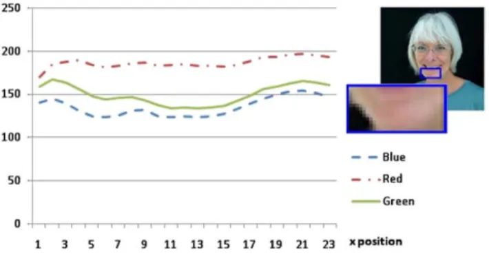 Fig. 2 RGB values through a line of a face. (Picture is courtesy of Creative Commons (http://www.flickr.com/photos/joyoflife/