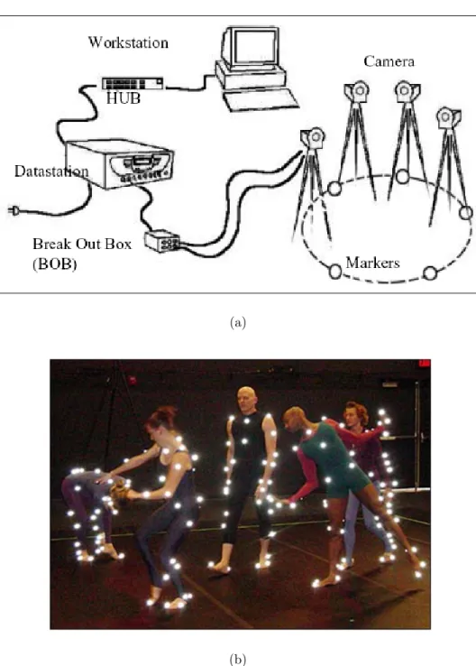 Figure 2.1: Sample motion capture studio: (a) layout [10]; (b) view [17].