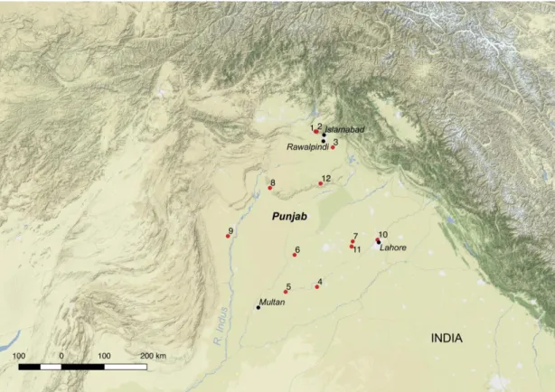 Figure 6. Map showing major cities and sites mentioned in the text, and located in  Punjab