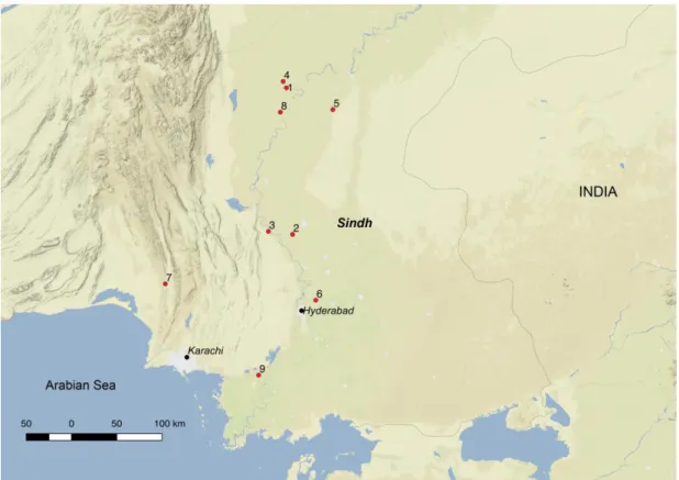 Figure 7. Map showing major cities and sites mentioned in the text, and located in  Sindh