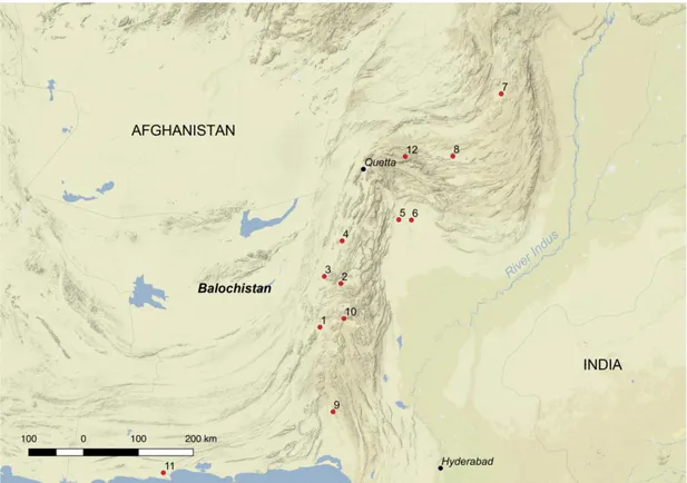 Figure 8. Map showing major cities and sites mentioned in the text, and located in  Balochistan
