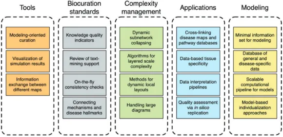 Figure 1. The milestones of the DMC roadmap. Five groups of topics are highlighted. Tools: Software and methods supporting the development and maintenance of the maps; Biocuration standards: standards for knowledge gathering and encoding in the maps; Compl