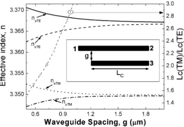 Fig. 3. Schematic layout of the polarization splitter, (a) with 3-D vector BPM simulation results of a coupler with g = 0:7 m and L = 110 m for (b) TE and (c) TM modes