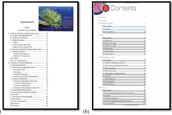 Figure 5. Table of contents of the two textbooks (a) the MEB textbook (b) the IBDP  textbook 