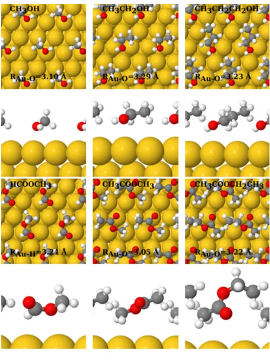 Fig. 3 Adsorption geometries (top and side views) of CH 3 OH, CH 3 CH 2 OH, CH 3 CH 2 CH 2 OH, HCOOCH 3 , CH 3 COOCH 3 and CH 3 COOCH 2 CH 3 on Au(111) for the 1/4 ML coverage
