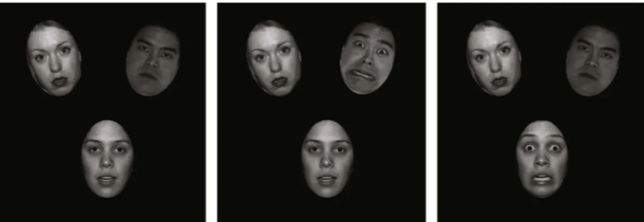 Fig. 1. Examples of a typical stimulus screen. A) All neutral stimuli. B) The male target face displays an emotional expression