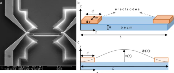 Figure 1. a. A NEMS device in the form of a doubly clamped beam. The device is composed of silicon nitride