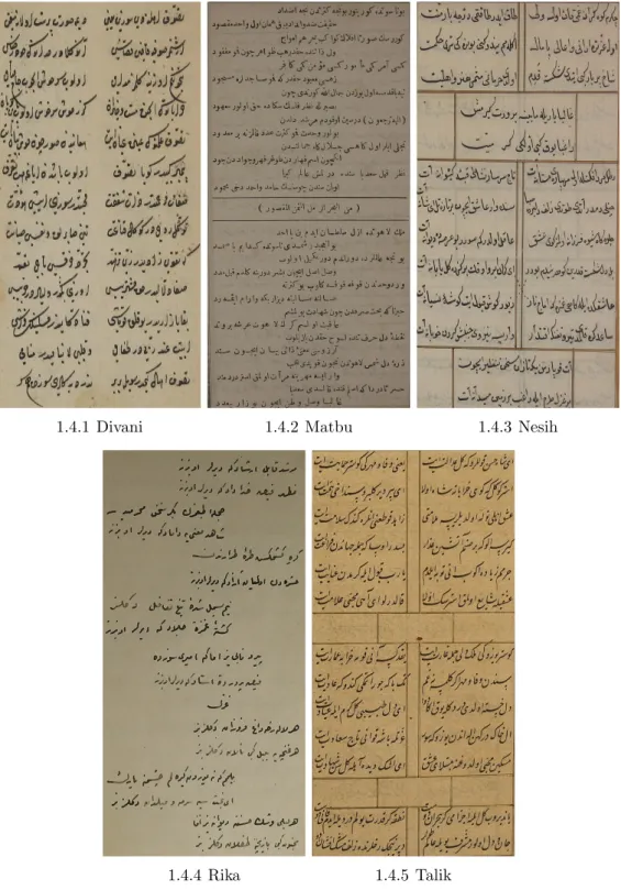 Figure 1.4: Example pages from diﬀerent styles of Ottoman calligraphy. Images are cropped for space limitations