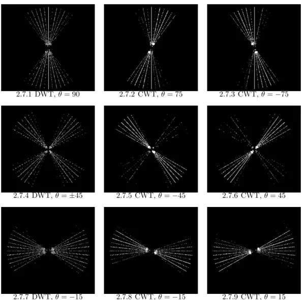 Figure 2.7: Top %2 responses of DWT (left column) and CWT(center and right columns) to fireworks pattern for at level 1
