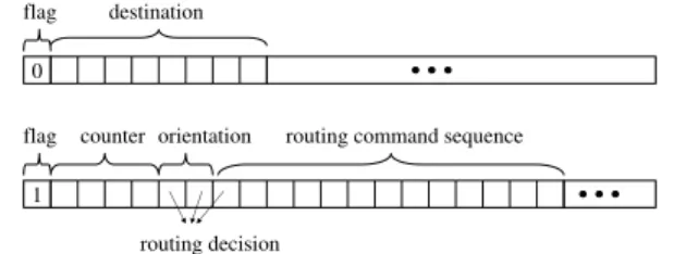 Figure 1. The fields in the header of a packet (Top: default X-Y routing; Bottom: compiler-directed routing).