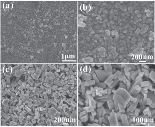 Fig. 5. SEM images of the products under different magniﬁcations. (a) and (b) 0.1 g (NH 4 ) 2 SO 4 ; (c) and (d) 0.4 g H 2 O 2 .