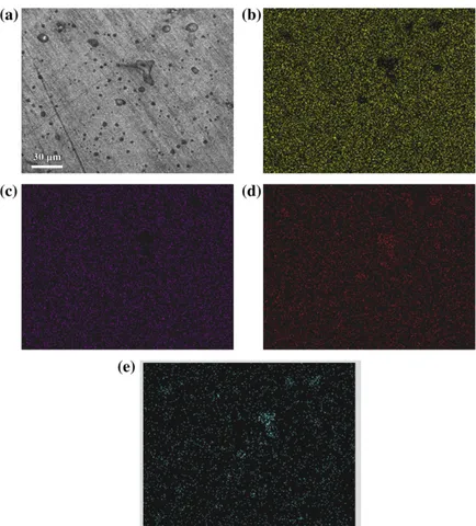 Fig. 2. SEM micrograph (a) and XMAP of Fe (b), Cr (c), Mn (d), and Si (e) for the additive-containing specimen sintered at 1000 °C.