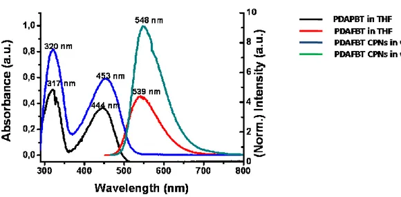 Figure  4.11.  UV-Vis  absorption  and  fluorescence  emission  spectra  of  PDAFBT  in  THF  (λex=  446  nm)  and  dispersion  of  PDAFBT  nanoparticles  in  water  (λex=  446  nm)