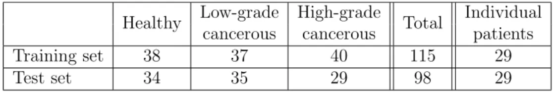 Table 4.1: Number of samples in the training and test sets