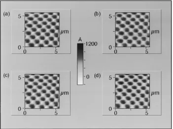 FIG. 4. Images taken in ~a! intermittent contact with the zinc oxide as a sensor, ~b! contact with the zinc oxide as a sensor, ~c! intermittent contact with the piezoresistor as a sensor, ~d! contact with the piezoresistor as a sensor