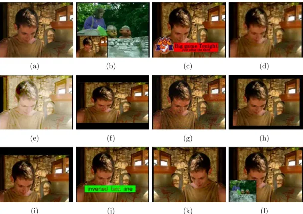 Figure 1.1: Transformations: (a) original frame, (b) picture-in-picture type 1, (c) insertion of pattern, (d) strong re-encoding, (e) change of gamma, (f)  letter-box, (g) white noise, (h) crop, (i) shift, (j) caption/text insertion, (k) ﬂip, and (l) pictu