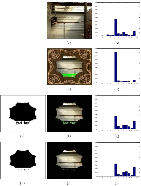 Figure 2.4: Mask generation and its eﬀect on color histogram. (a) original frame, (b) color histogram of the frame, (c) query frame, (d) its histogram, (e) mask of still regions for this query shot, (f) masked query frame, (g) its histogram, (h) mask dilat