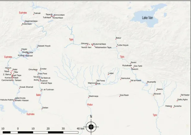 Figure 15. The close proximity of the LC period sites near rivers in north  Mesopotamia (adapted from QGIS)