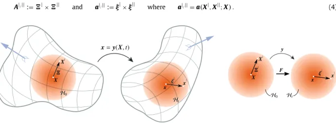 Fig. 3. Illustration of ﬁnite line elements within the horizon in the material and spatial conﬁgurations corresponding to one-neighbour interactions