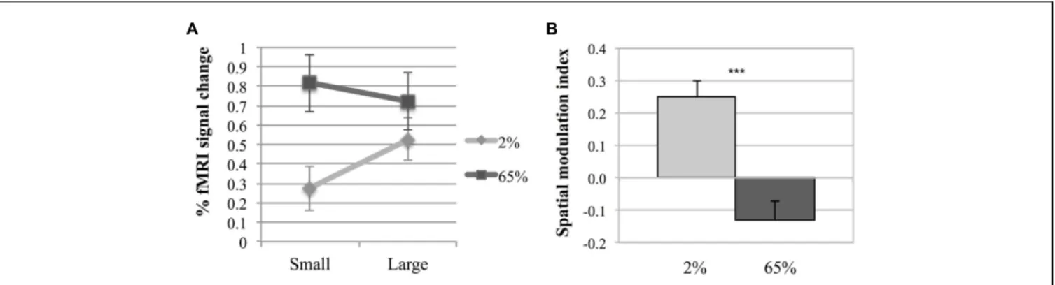 FIGURE 4 | Middle temporal activity. (A) Two-way interaction plot of the impact of size and contrast on fMRI response amplitude in MT
